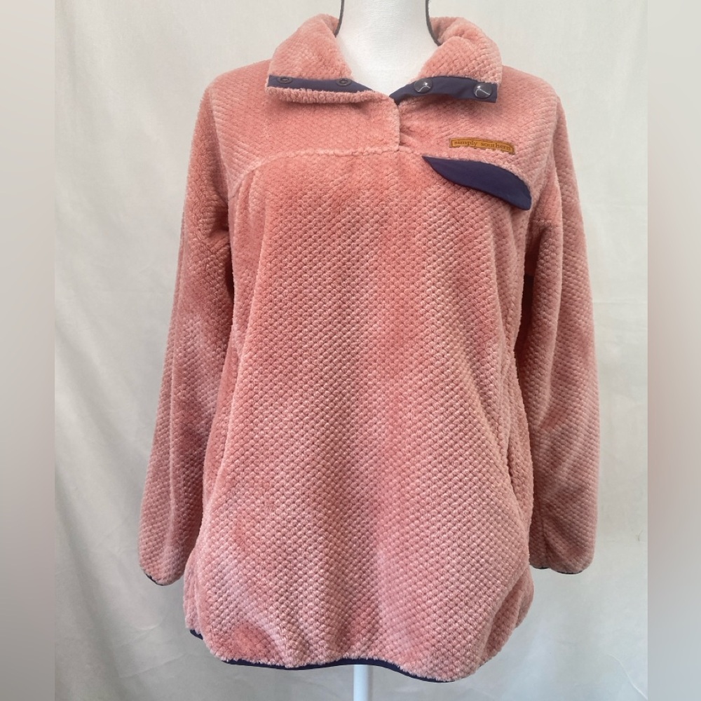 Simply Southern Fleece Pullover Small 1/4 Snap Jacket Pink Navy trim Cozy Preppy